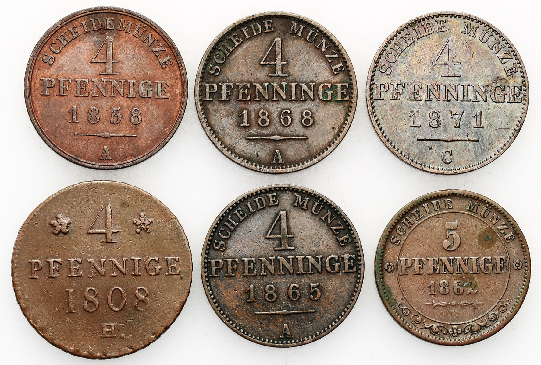 Niemcy, Saksonia i Prusy. 4-5 fenigów 1808-1871, zestaw 6 monet